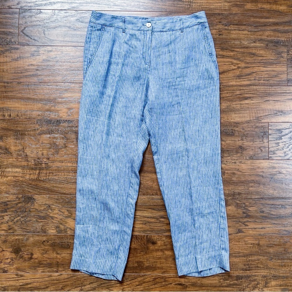 Weekend Max Mara • blue striped linen pants cropped ankle trouser pinstripe